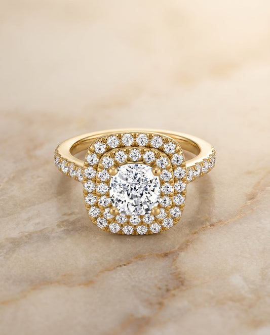 The Whitney Pavé Halo Engagement Ring Setting for Cushion Diamonds in 18K Yellow Gold | RockHer