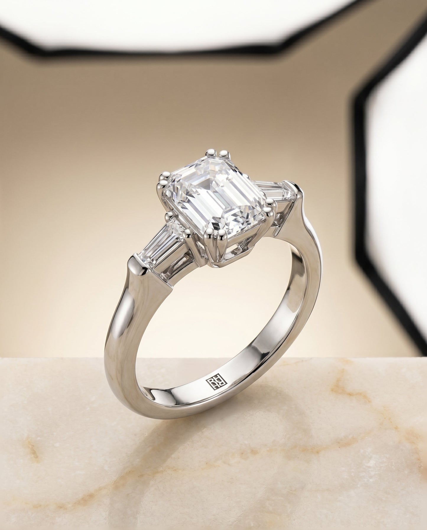 Lily Select Double Prong Tapered Baguette Three Stone Emerald Cut Solitaire in 1 – view 2