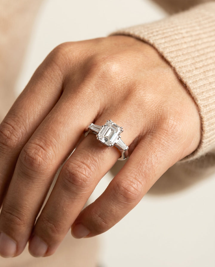 Lily Select Double Prong Tapered Baguette Three Stone Emerald Cut Solitaire in P – view 3