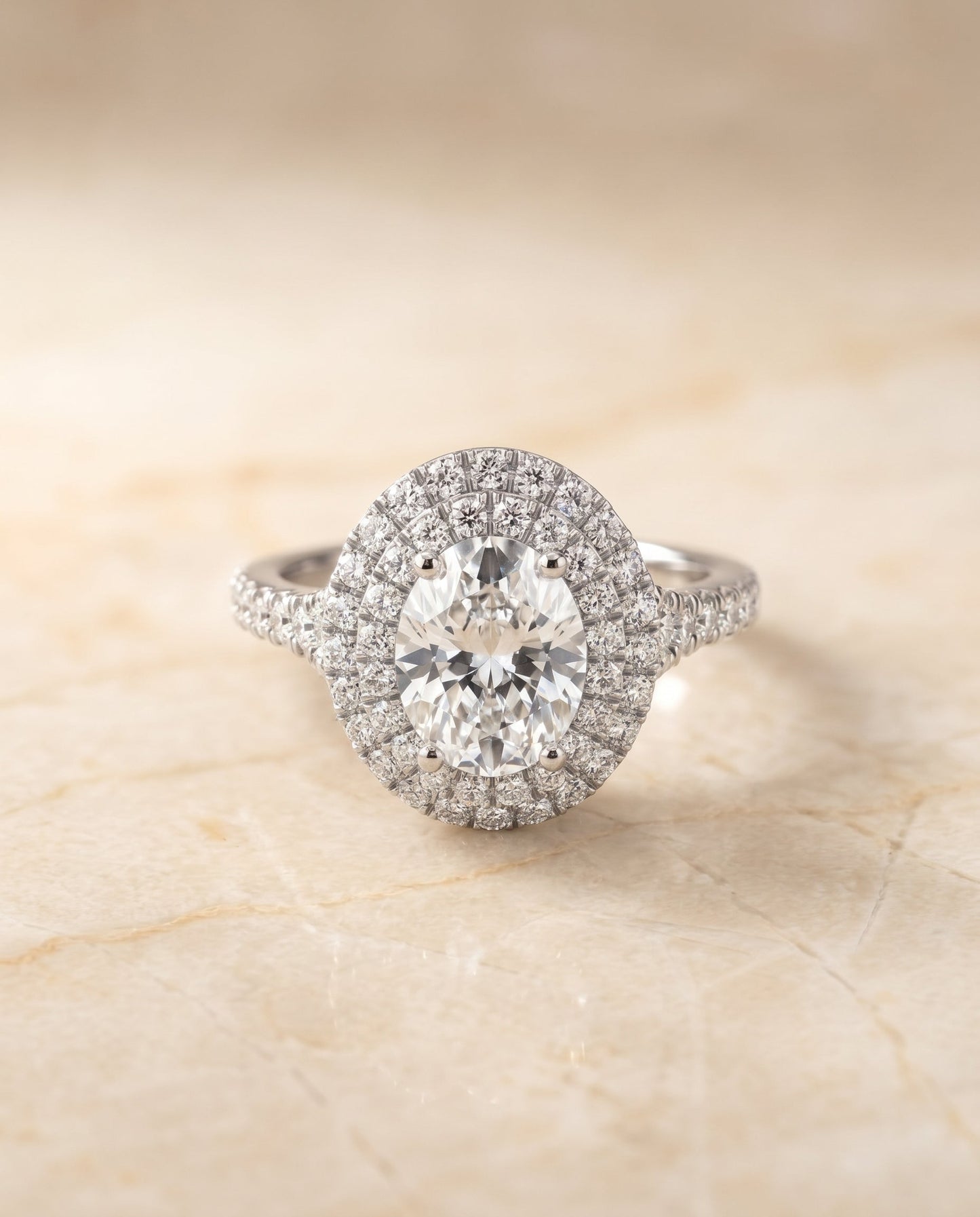 Double Scalloped Pavé Halo Oval, in Platinum, pave setting – angled view | RockHer