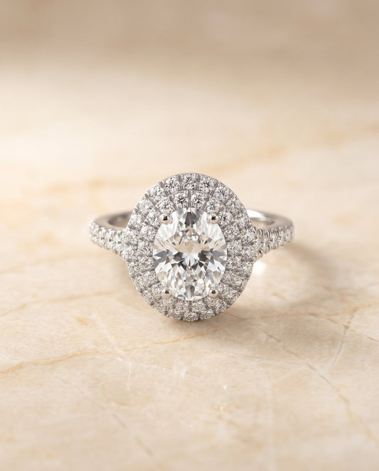 Double Scalloped Pavé Halo Oval, in Platinum, pave setting – angled view | RockHer