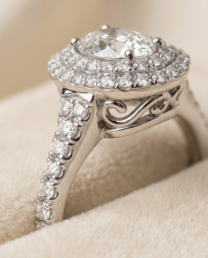 Britney Select Double Scalloped Pave Halo Oval in 14K White Gold – view 4