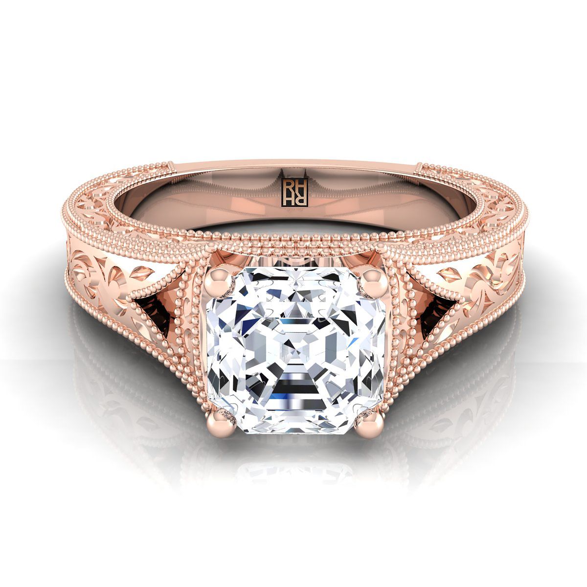 Hand-Engraved Milgrain Vintage Solitaire Asscher, in 14K Rose Gold | RockHer