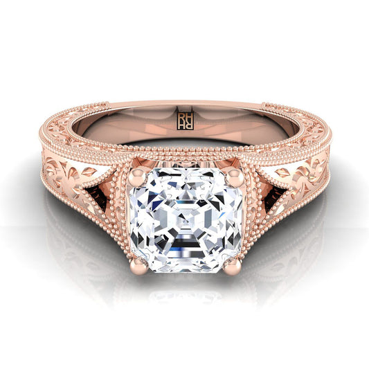 Hand-Engraved Milgrain Vintage Solitaire Asscher, in 14K Rose Gold | RockHer