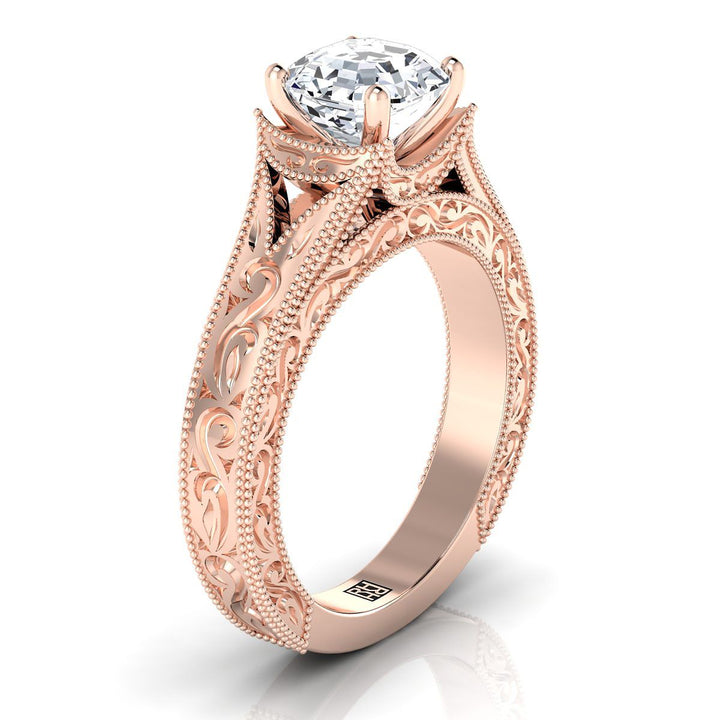 Hand-Engraved Milgrain Vintage Solitaire Asscher, in 14K Rose Gold – side profile | RockHer