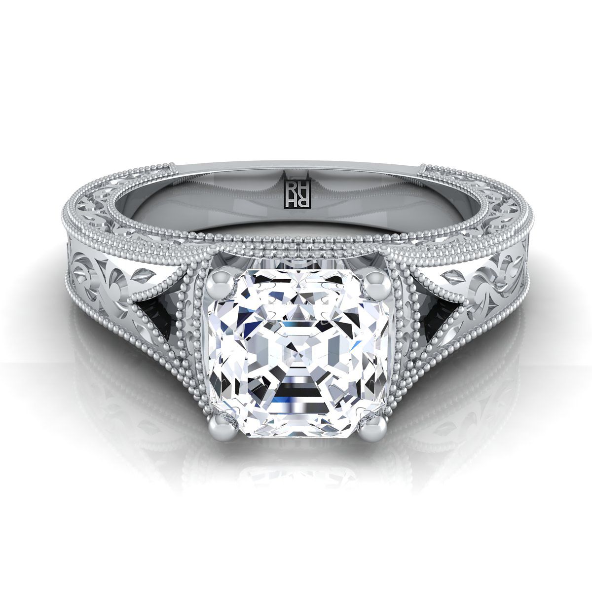 แหวนหมั้นโซลิแทร์วินเทจทองคำขาว 14K เจียระไนแอสเชอร์ สลักมือและมีลายมิลเกรน