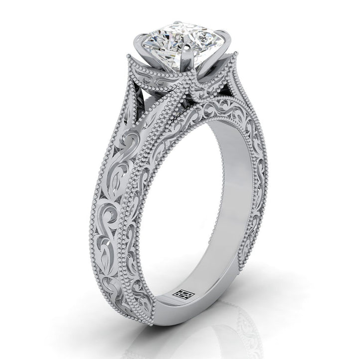 Hand-Engraved Milgrain Vintage Solitaire Asscher, in Platinum, prong setting – side profile | RockHer