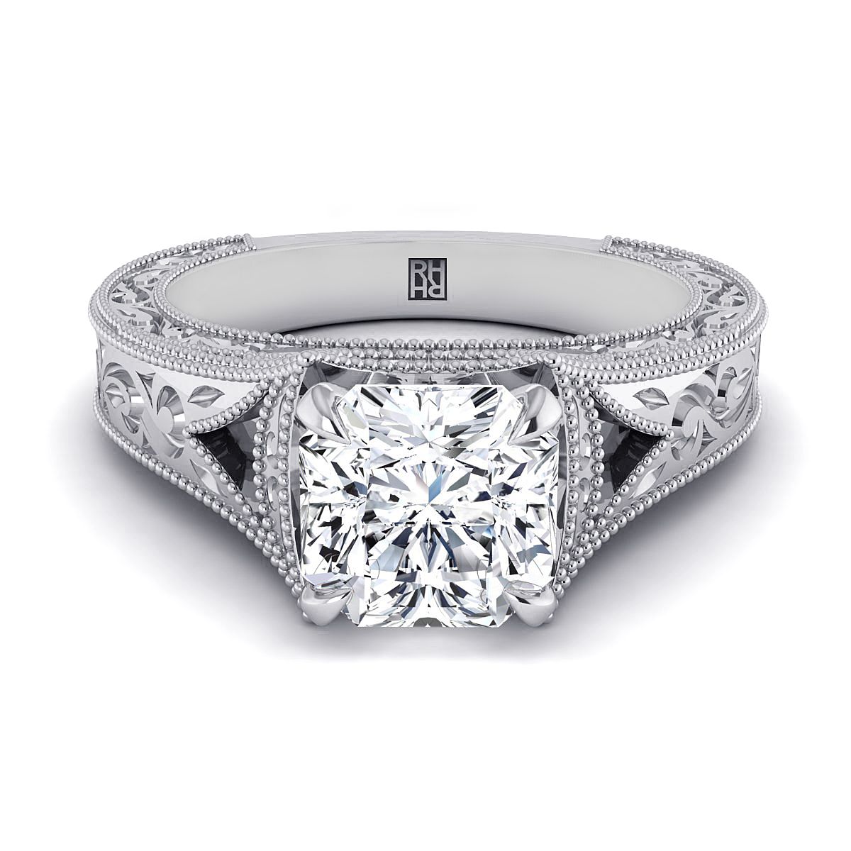 Hand-Engraved Milgrain Vintage Solitaire Asscher, in 18K White Gold, prong setting | RockHer