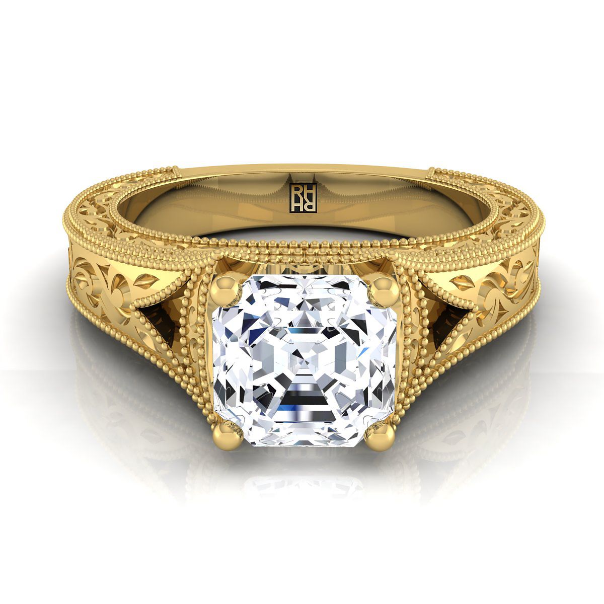 Hand-Engraved Milgrain Vintage Solitaire Asscher, in 18K Yellow Gold, prong setting | RockHer