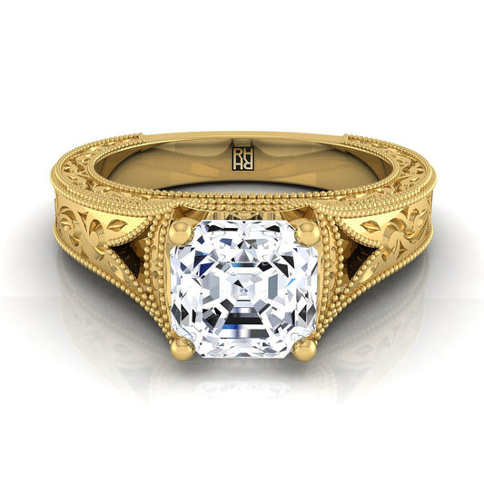 Hand-Engraved Milgrain Vintage Solitaire Asscher, in 18K Yellow Gold, prong setting | RockHer