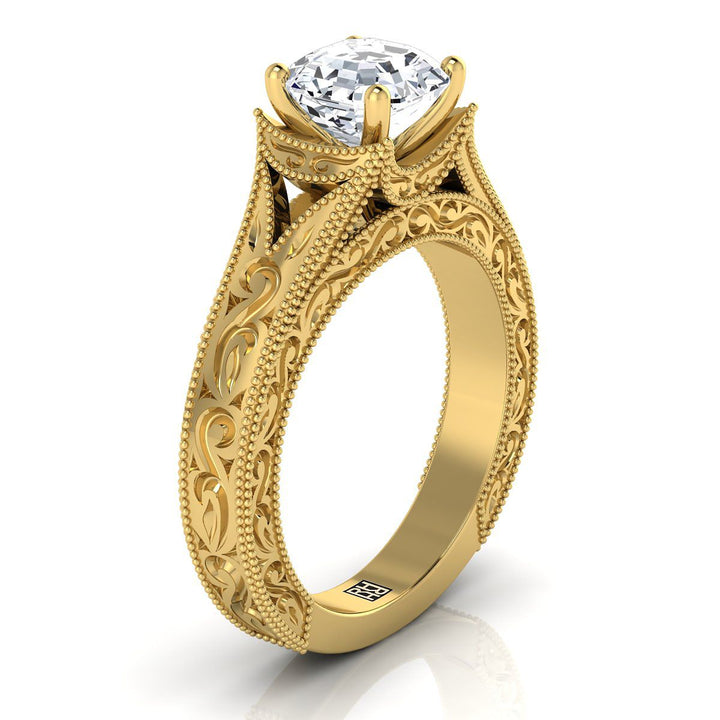 Hand-Engraved Milgrain Vintage Solitaire Asscher, in 18K Yellow Gold, prong setting – side profile | RockHer