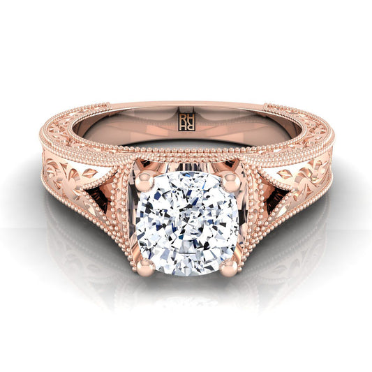 Hand-Engraved Milgrain Vintage Solitaire Cushion, in 14K Rose Gold, prong setting | RockHer