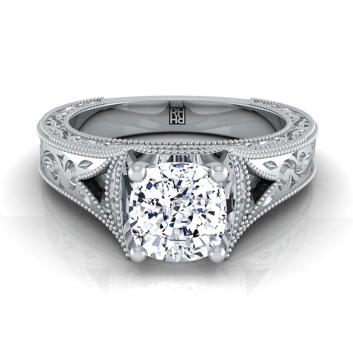 Hand-Engraved Milgrain Vintage Solitaire Cushion, in Platinum, prong setting | RockHer