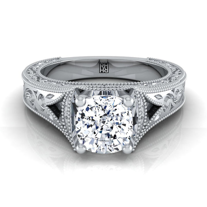 Hand-Engraved Milgrain Vintage Solitaire Cushion, in Platinum, prong setting | RockHer