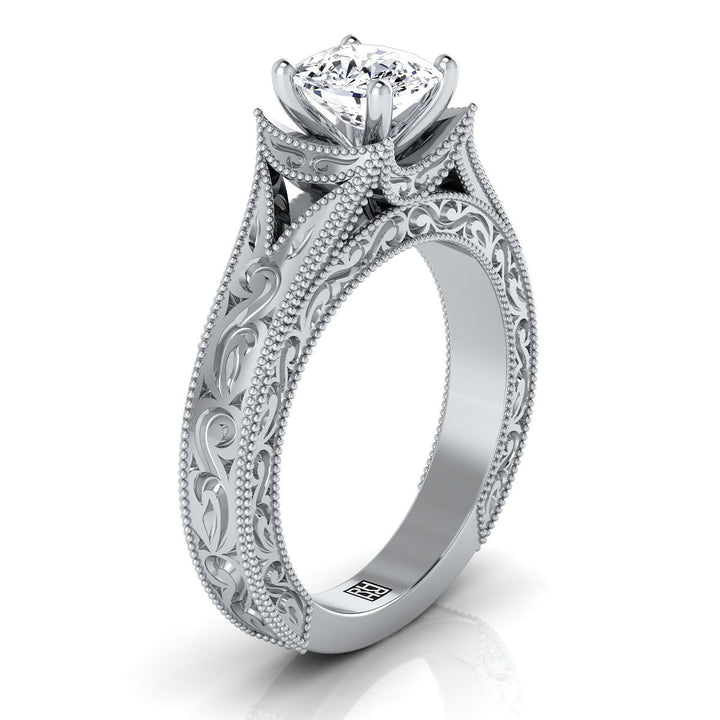 Hand-Engraved Milgrain Vintage Solitaire Cushion, in Platinum, prong setting – side profile | RockHer