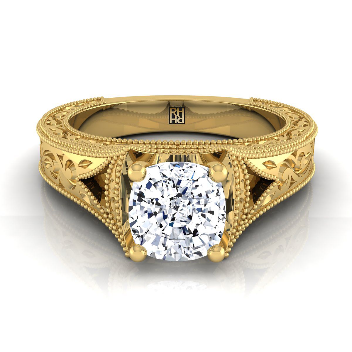 Hand-Engraved Milgrain Vintage Solitaire Cushion, in 18K Yellow Gold, prong setting | RockHer