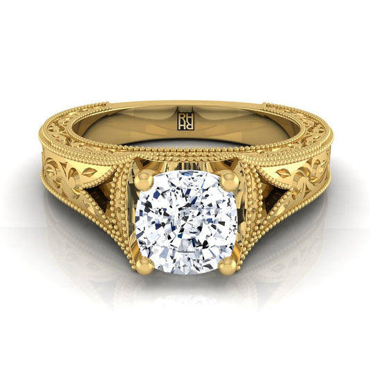 Hand-Engraved Milgrain Vintage Solitaire Cushion, in 18K Yellow Gold, prong setting | RockHer