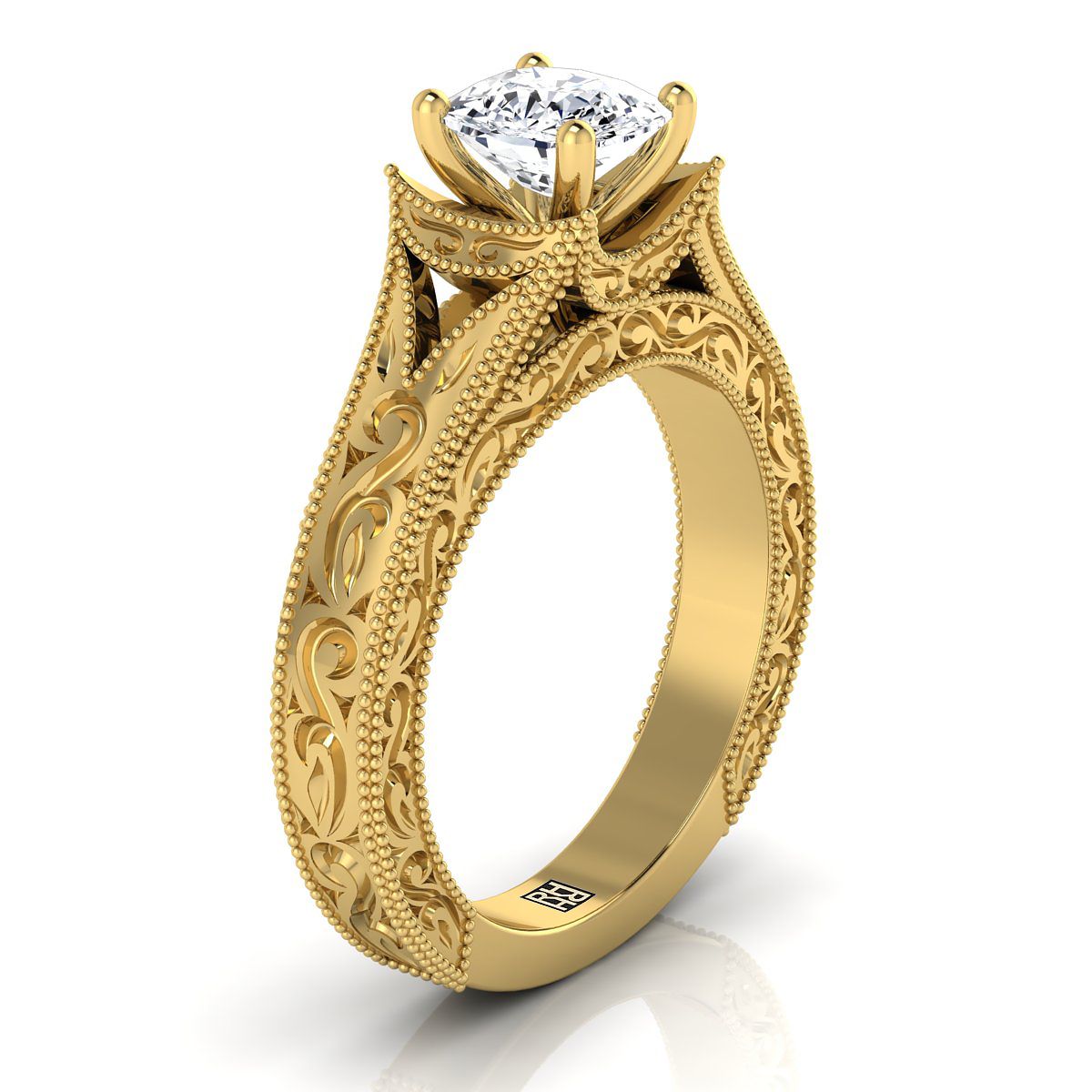 Hand-Engraved Milgrain Vintage Solitaire Cushion, in 18K Yellow Gold, prong setting – side profile | RockHer
