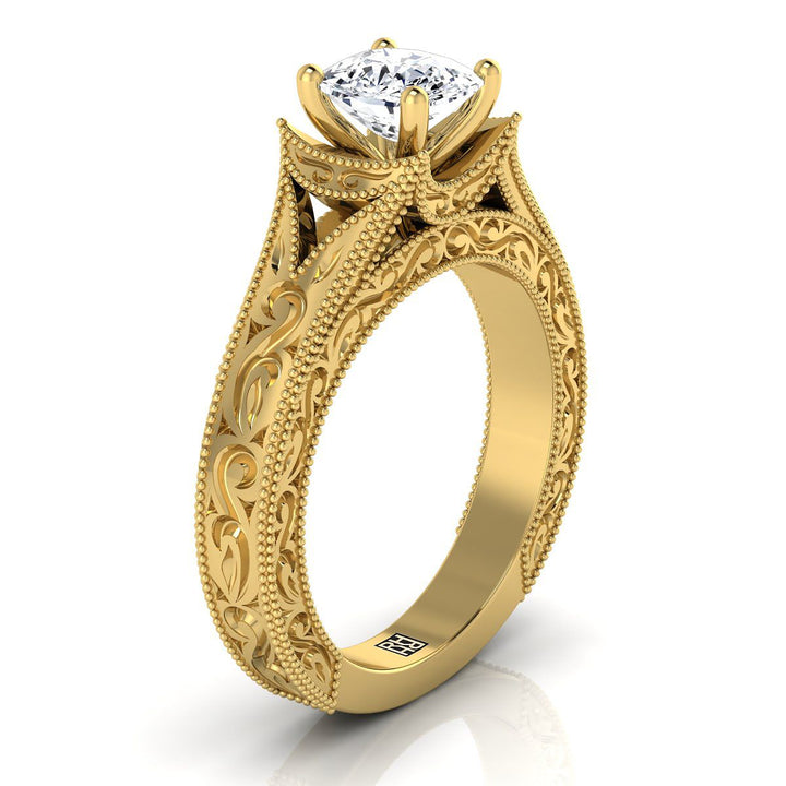 Hand-Engraved Milgrain Vintage Solitaire Cushion, in 18K Yellow Gold, prong setting – side profile | RockHer