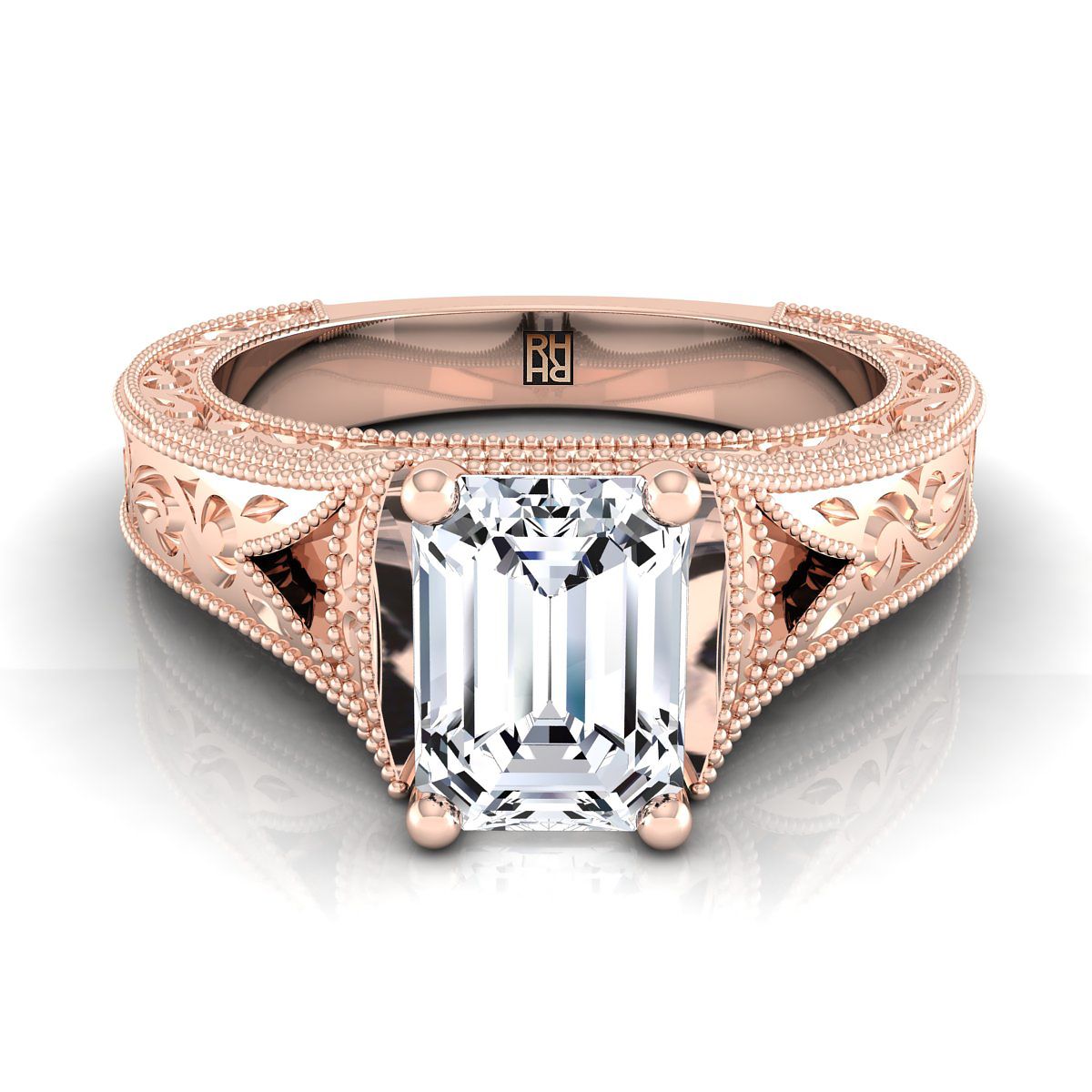 European Cut, Hand-Engraved Milgrain Vintage Solitaire Emerald, in 14K Rose Gold, prong setting | RockHer