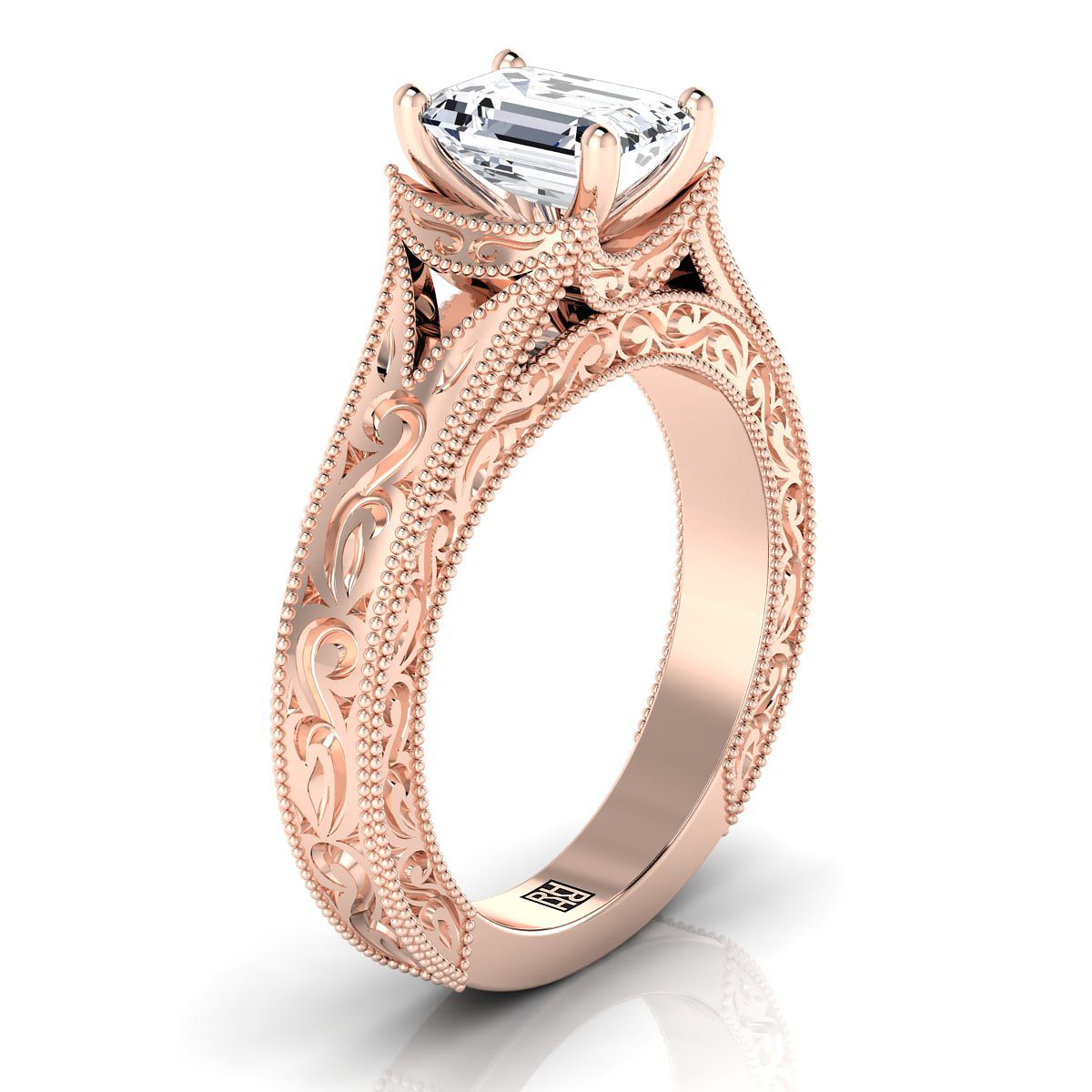 European Cut, Hand-Engraved Milgrain Vintage Solitaire Emerald, in 14K Rose Gold, prong setting – side profile | RockHer