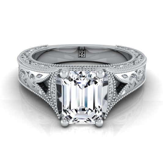 European Cut, Hand-Engraved Milgrain Vintage Solitaire Emerald, in Platinum, prong setting | RockHer