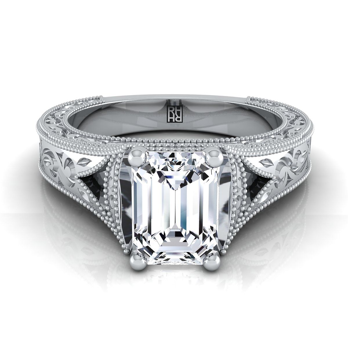 European Cut, Hand-Engraved Milgrain Vintage Solitaire Emerald, in 18K White Gold, prong setting | RockHer