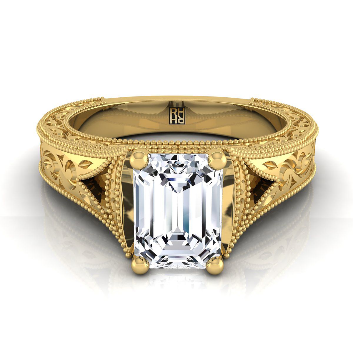 European Cut, Hand-Engraved Milgrain Vintage Solitaire Emerald, in 18K Yellow Gold, prong setting | RockHer
