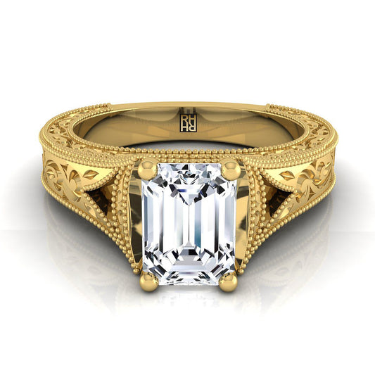 European Cut, Hand-Engraved Milgrain Vintage Solitaire Emerald, in 18K Yellow Gold, prong setting | RockHer