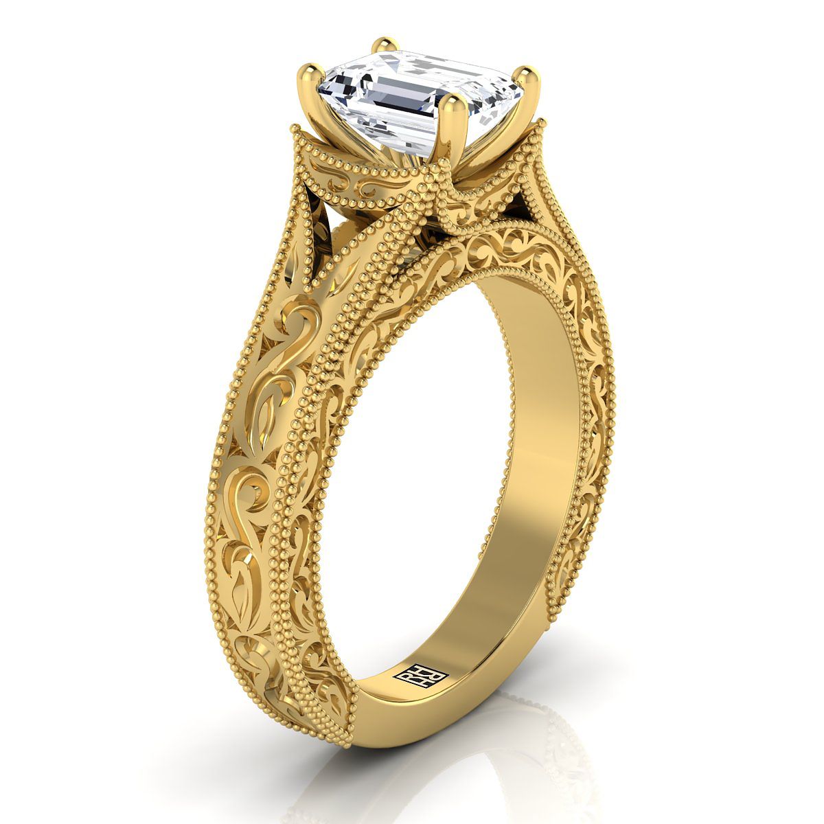 European Cut, Hand-Engraved Milgrain Vintage Solitaire Emerald, in 18K Yellow Gold, prong setting – side profile | RockHer
