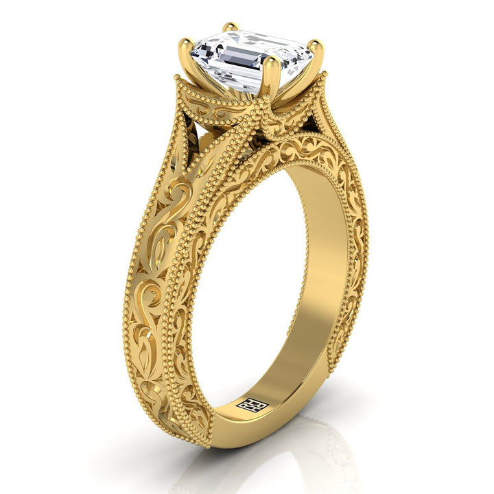 European Cut, Hand-Engraved Milgrain Vintage Solitaire Emerald, in 18K Yellow Gold, prong setting – side profile | RockHer