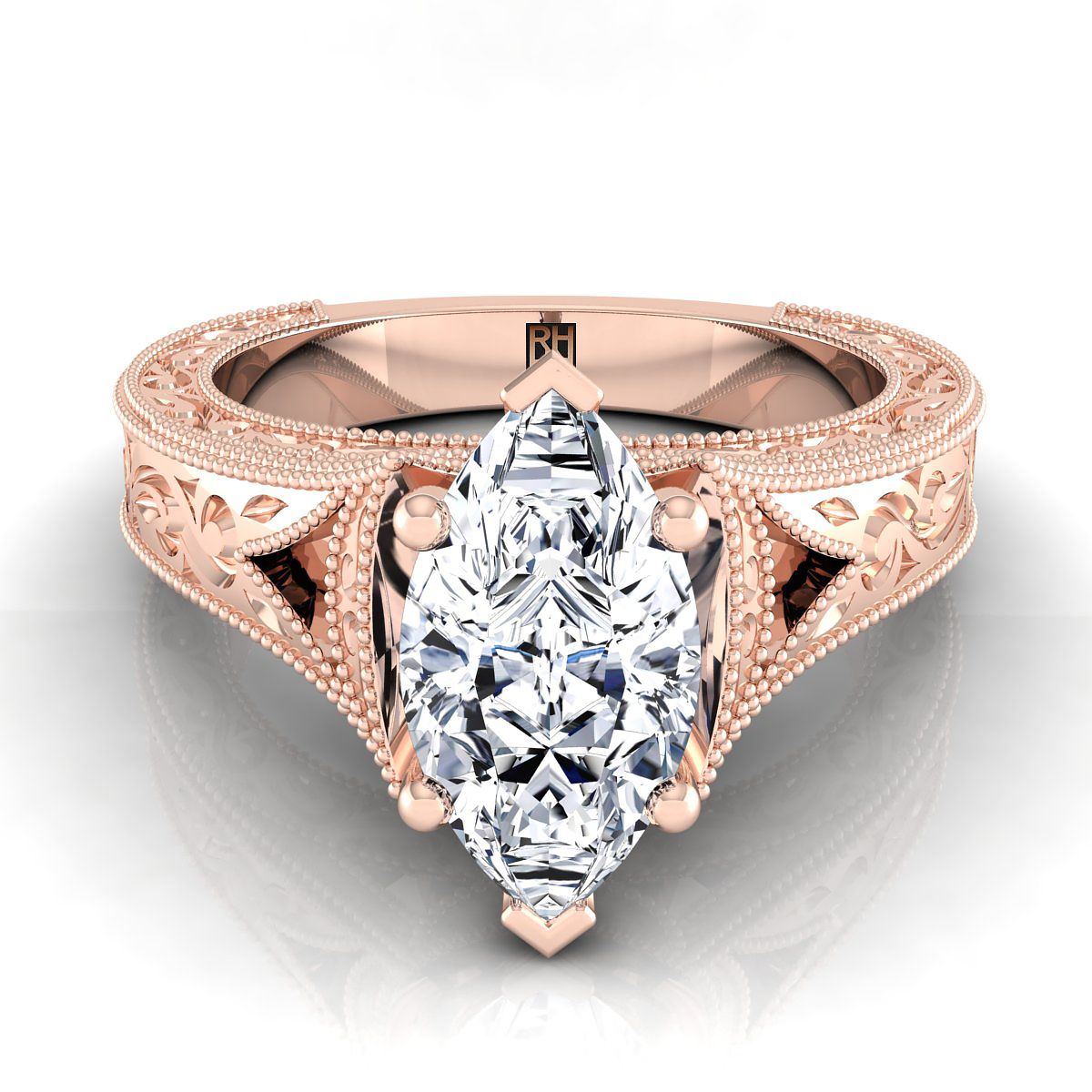 Hand-Engraved Milgrain Vintage Solitaire Marquise, in 14K Rose Gold, prong setting | RockHer