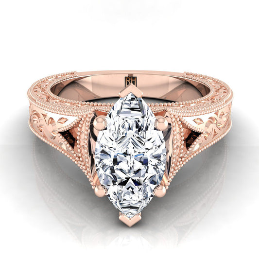 Hand-Engraved Milgrain Vintage Solitaire Marquise, in 14K Rose Gold, prong setting | RockHer