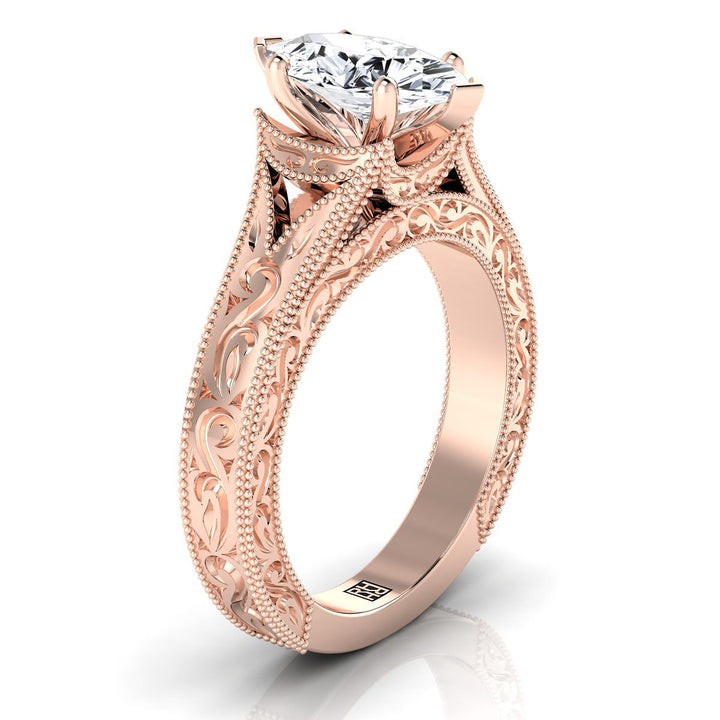 Hand-Engraved Milgrain Vintage Solitaire Marquise, in 14K Rose Gold, prong setting – side profile | RockHer