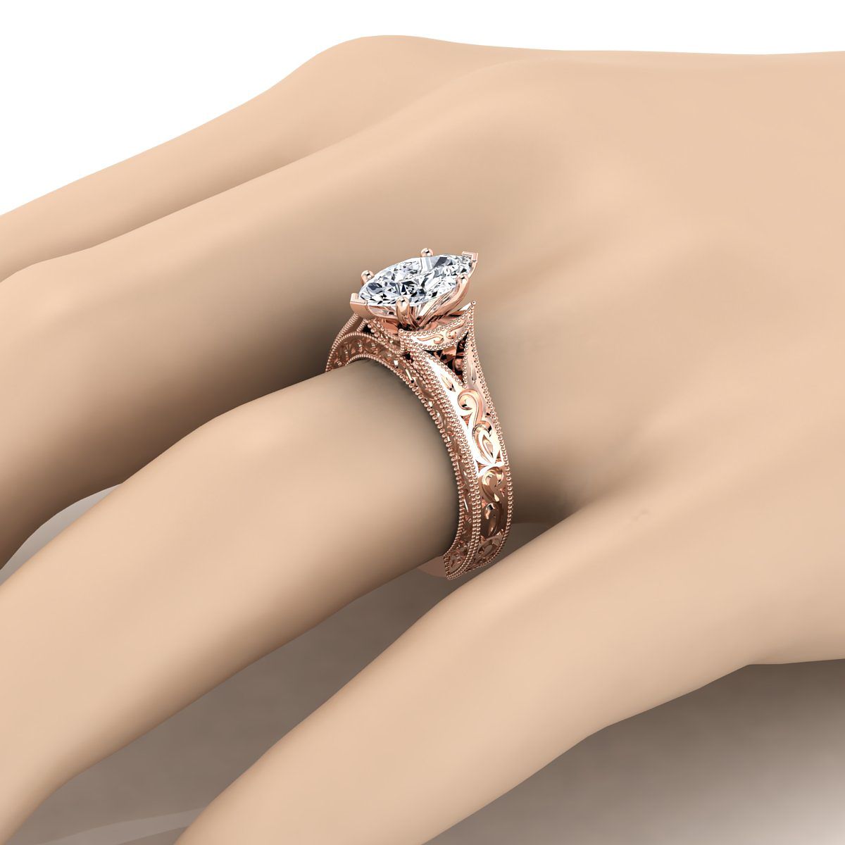Hand-Engraved Milgrain Vintage Solitaire Marquise, in 14K Rose Gold, prong setting – detail view | RockHer