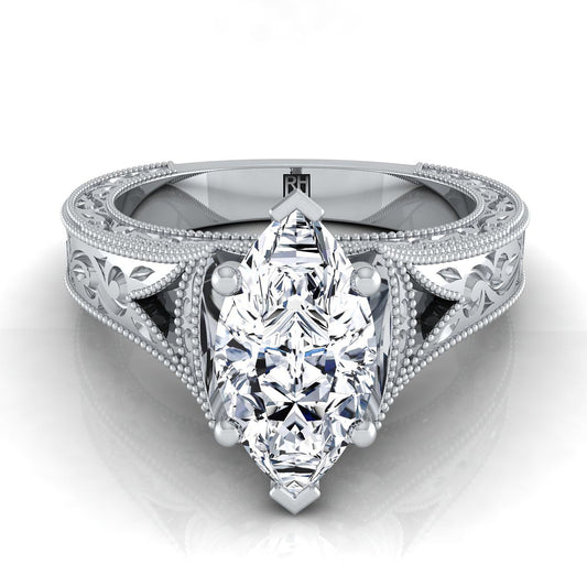Hand-Engraved Milgrain Vintage Solitaire Marquise, in Platinum, prong setting | RockHer