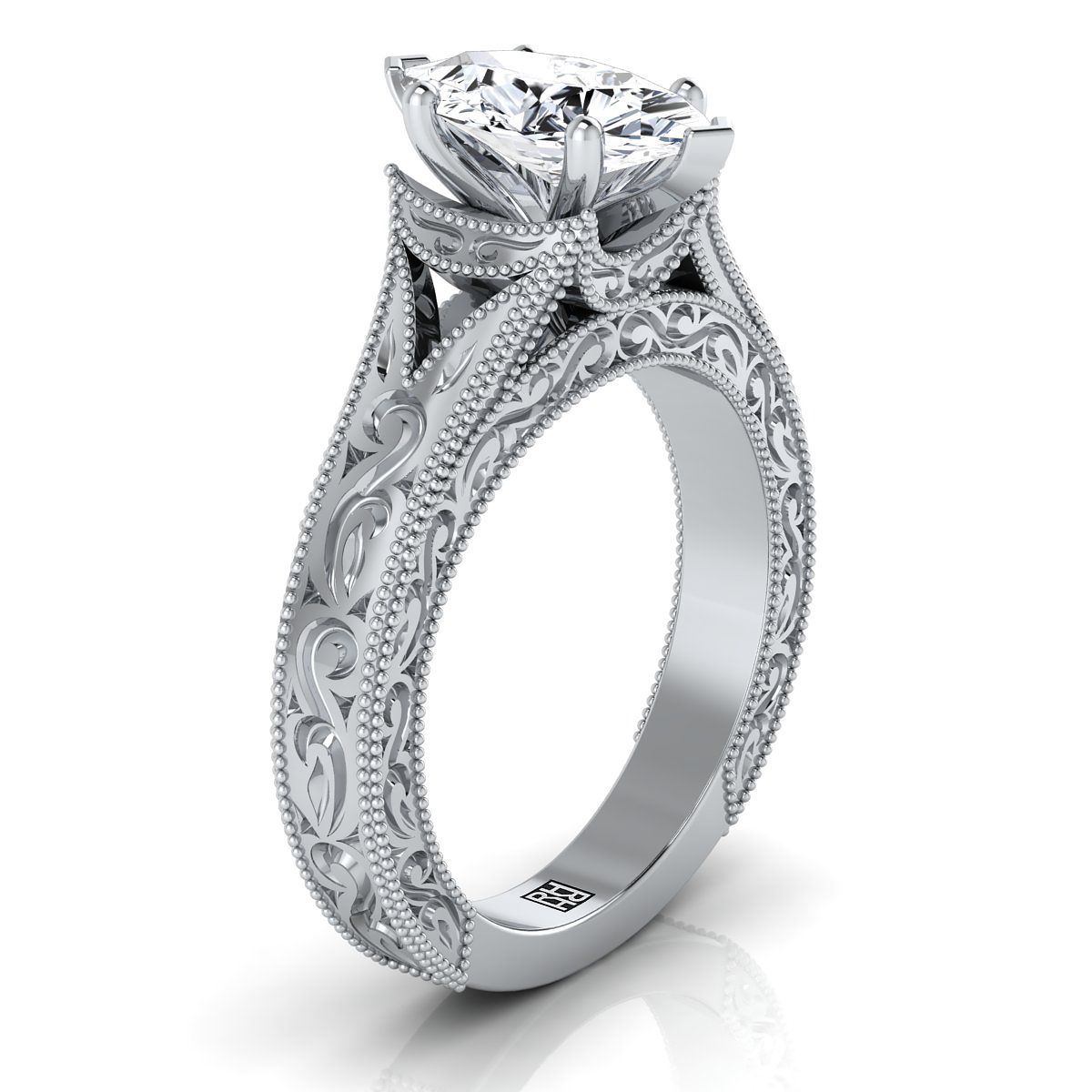 Hand-Engraved Milgrain Vintage Solitaire Marquise, in 18K White Gold, prong setting – side profile | RockHer