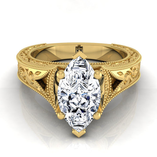 Hand-Engraved Milgrain Vintage Solitaire Marquise, in 18K Yellow Gold, prong setting | RockHer