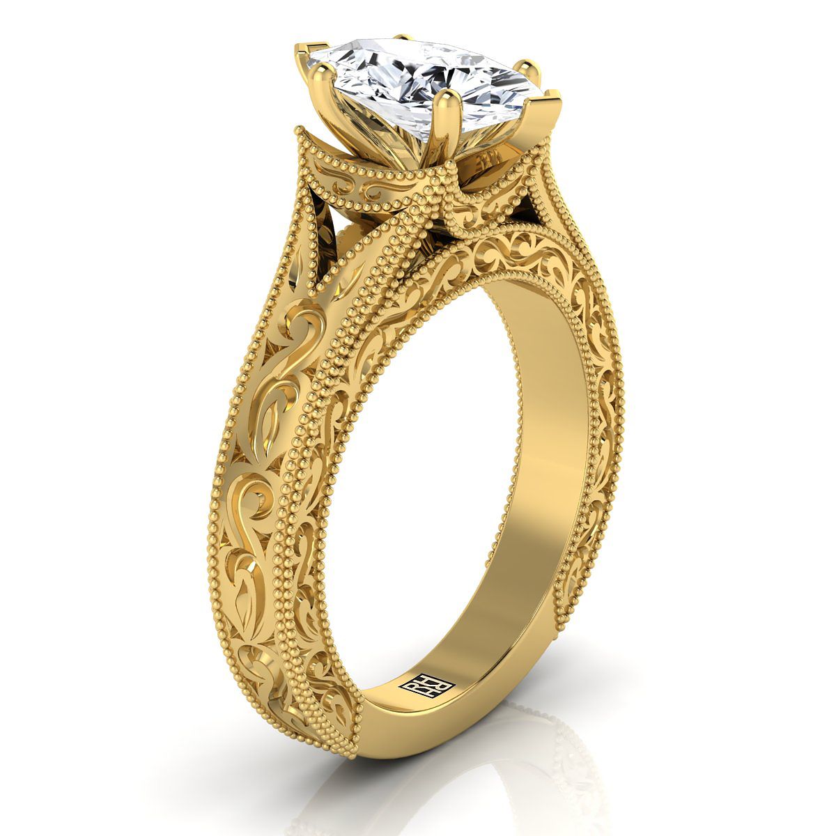 Hand-Engraved Milgrain Vintage Solitaire Marquise, in 18K Yellow Gold, prong setting – side profile | RockHer