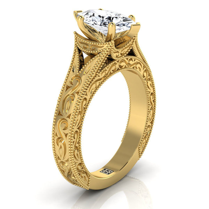 Hand-Engraved Milgrain Vintage Solitaire Marquise, in 18K Yellow Gold, prong setting – side profile | RockHer