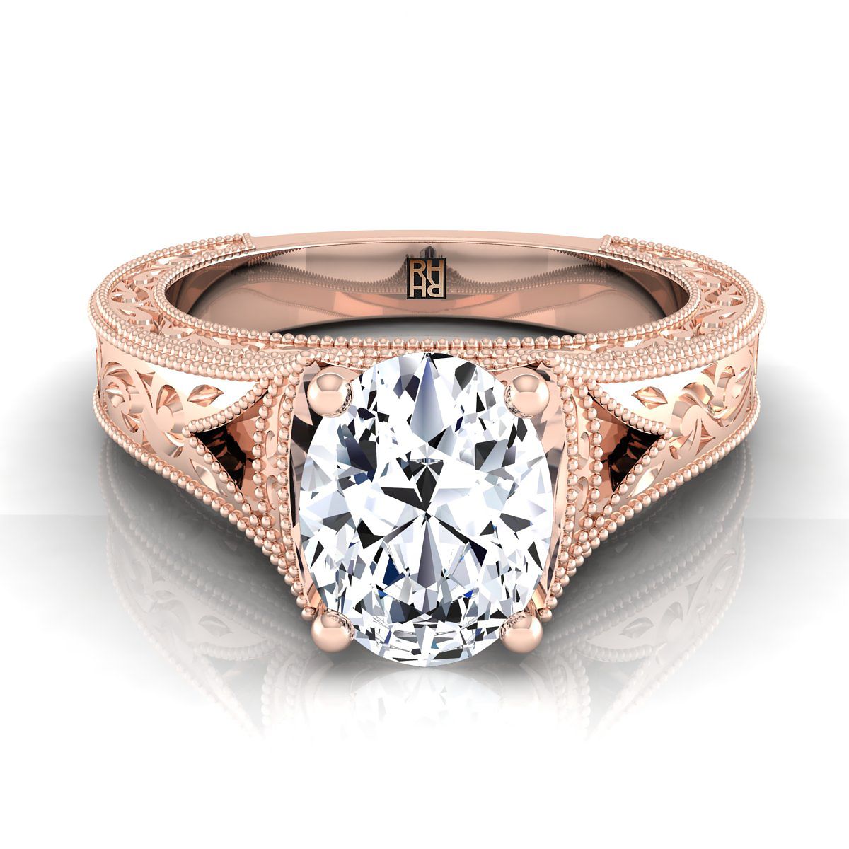 Hand-Engraved Milgrain Vintage Solitaire Oval, in 14K Rose Gold, prong setting | RockHer