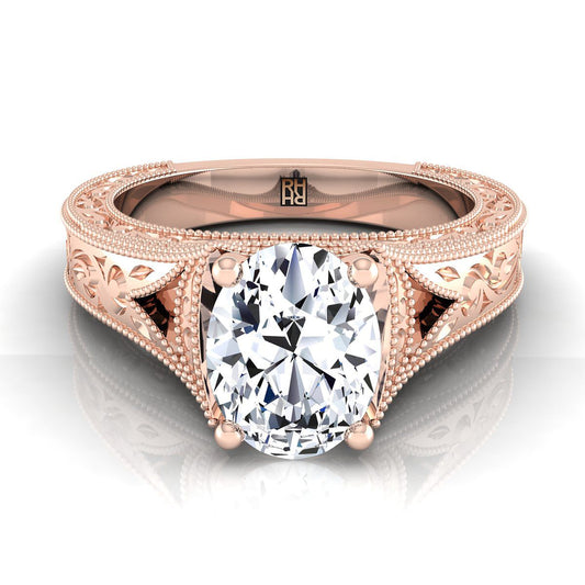 Hand-Engraved Milgrain Vintage Solitaire Oval, in 14K Rose Gold, prong setting | RockHer