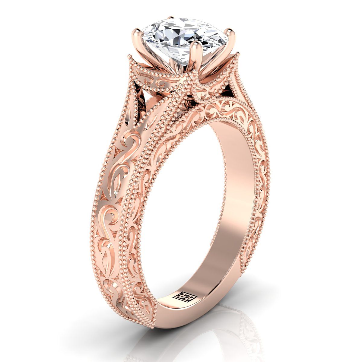 Hand-Engraved Milgrain Vintage Solitaire Oval, in 14K Rose Gold, prong setting – side profile | RockHer