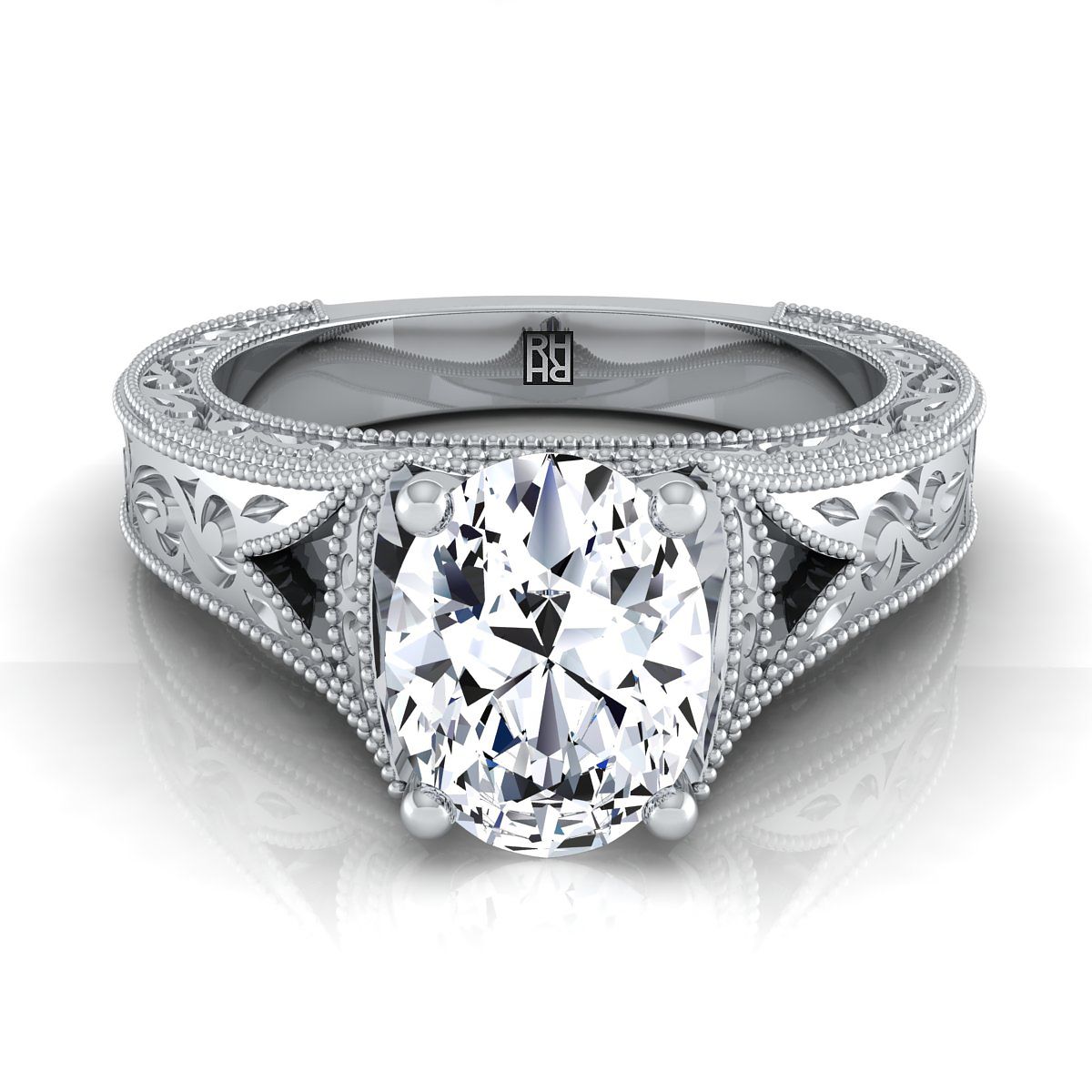 Hand-Engraved Milgrain Vintage Solitaire Oval, in Platinum, prong setting | RockHer