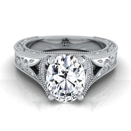 Hand-Engraved Milgrain Vintage Solitaire Oval, in 18K White Gold, prong setting | RockHer