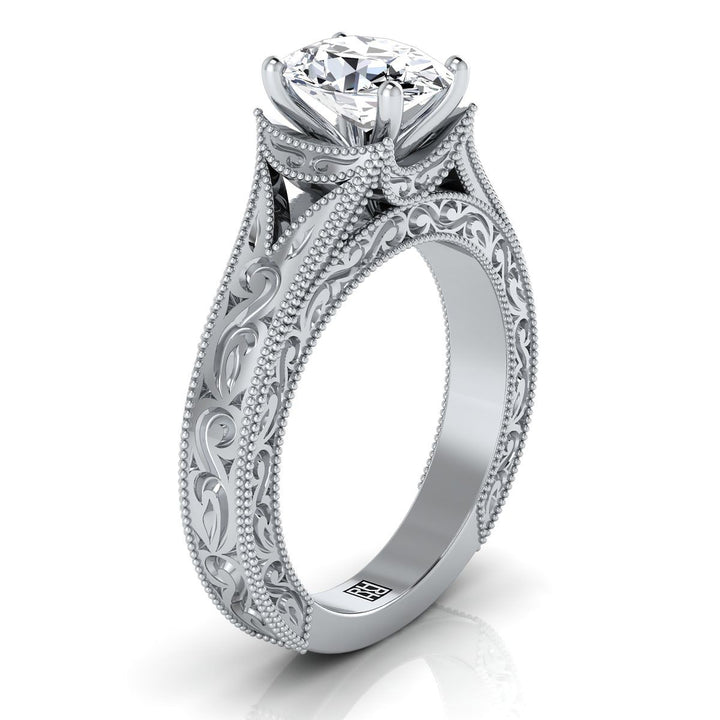 Hand-Engraved Milgrain Vintage Solitaire Oval, in 18K White Gold, prong setting – side profile | RockHer