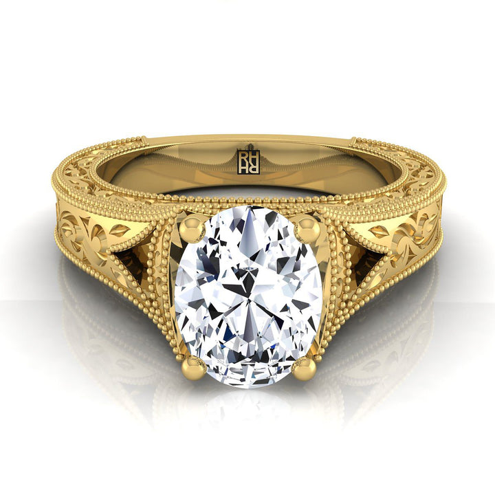 Hand-Engraved Milgrain Vintage Solitaire Oval, in 18K Yellow Gold, prong setting | RockHer