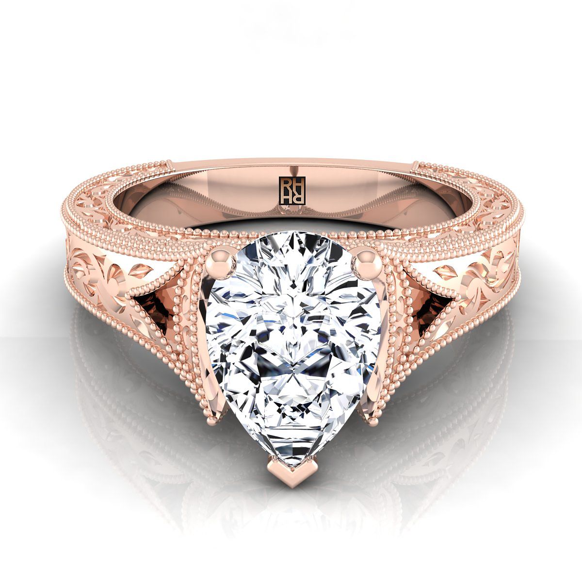 Hand-Engraved Milgrain Vintage Solitaire Pear Shape, in 14K Rose Gold, prong setting | RockHer