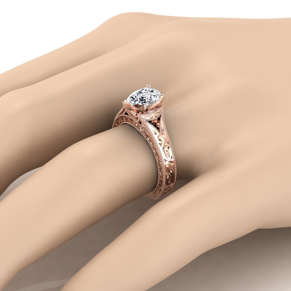 Hand-Engraved Milgrain Vintage Solitaire Pear Shape, in 14K Rose Gold, prong setting – detail view | RockHer