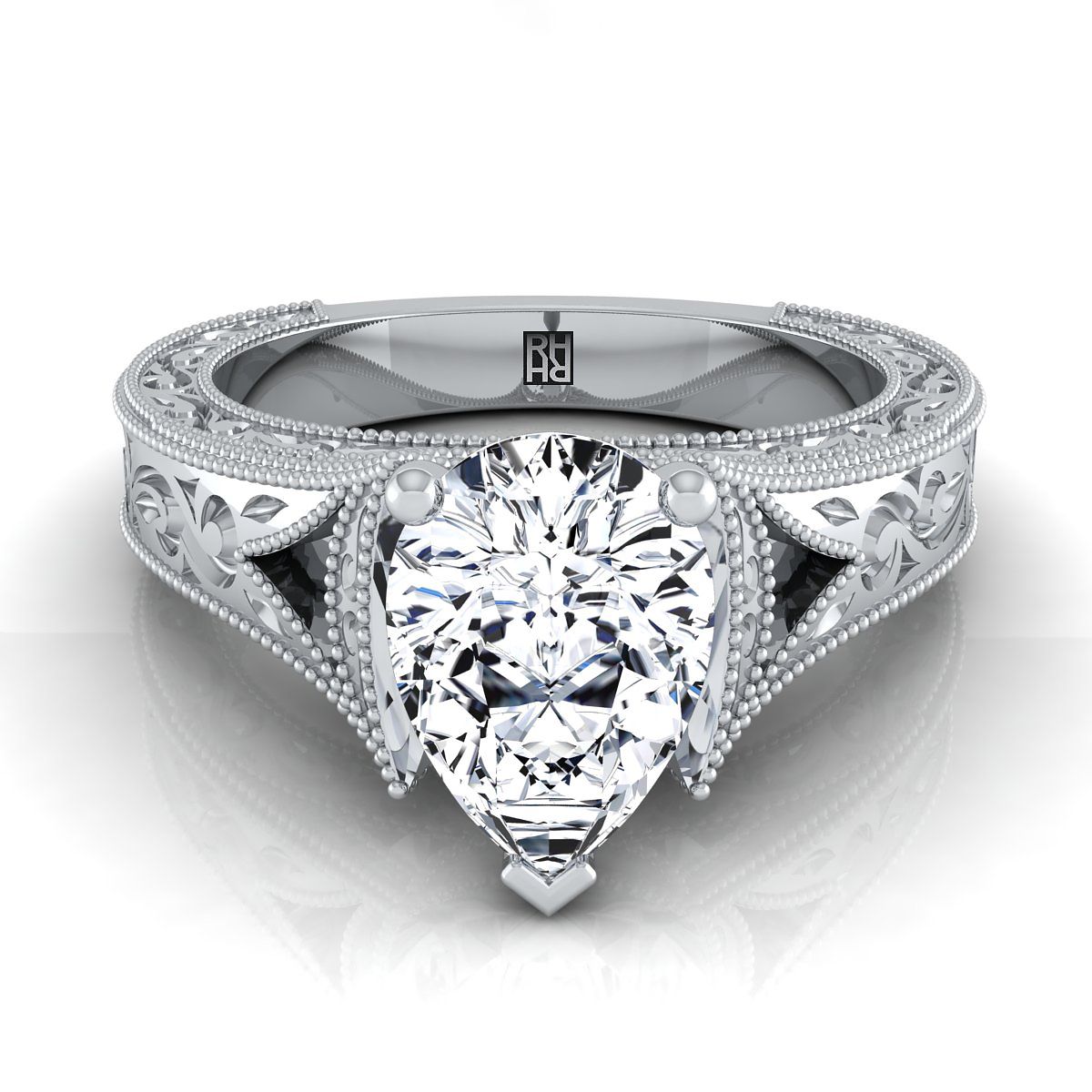 14K White Gold Pear Shape Center  Hand Engraved and Milgrain Vintage Solitaire Engagement Ring